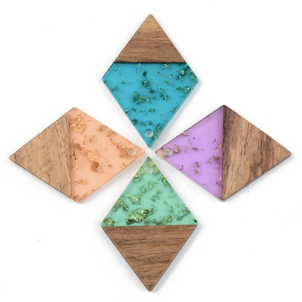 50pcs Rhombus Transparent Resin Walnut Wood Pendants with Gold Color Foil For DIY Earrings Jewelry Making Accessories