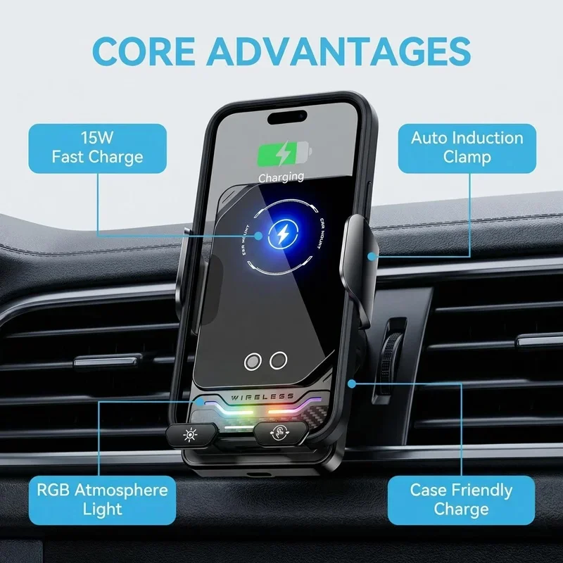 15W Kabelloses Ladegerät Universelle Auto-Handyhalterung mit Auto-Sensing RGB-Licht für Samsung S26 iPhone 17 16 15 14 13 12 11 Pro Max – Detail 4