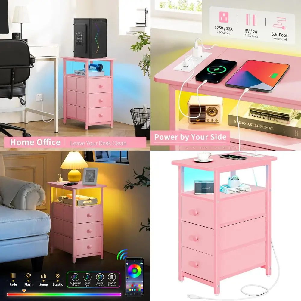 

Pink LED-lit Charging Station Nightstand with Fabric Drawers for Small Spaces