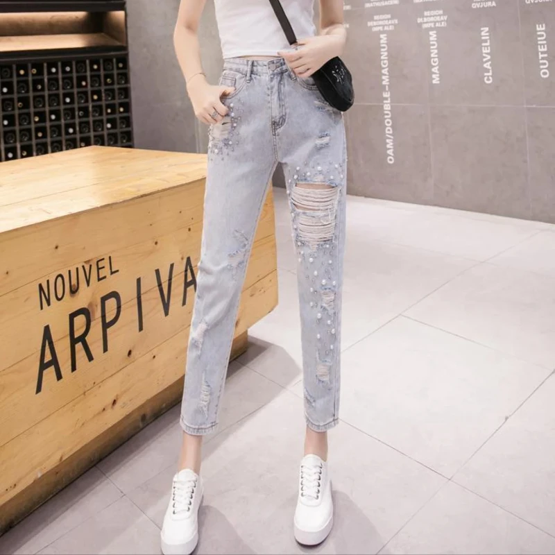 Jeans strappati da donna Pantaloni in denim con perline a vita alta per donna Taglia allungata X Larg Pantaloni strappati della Corea del Sud Baggy Office A