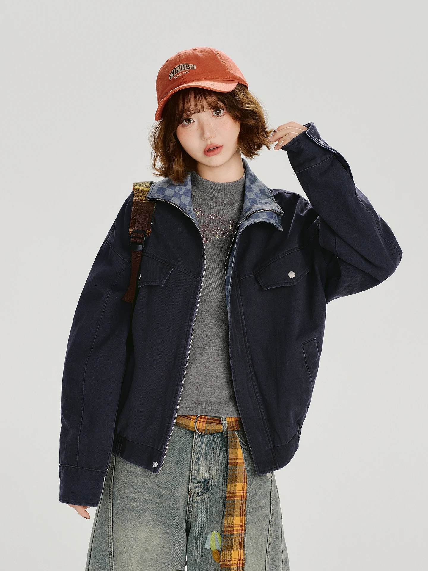 

Girly American Retro Waed Jaet Collar Coat Women's Autumn Winter Loose Color Blo Top Casual Sle Long Sve Zipper