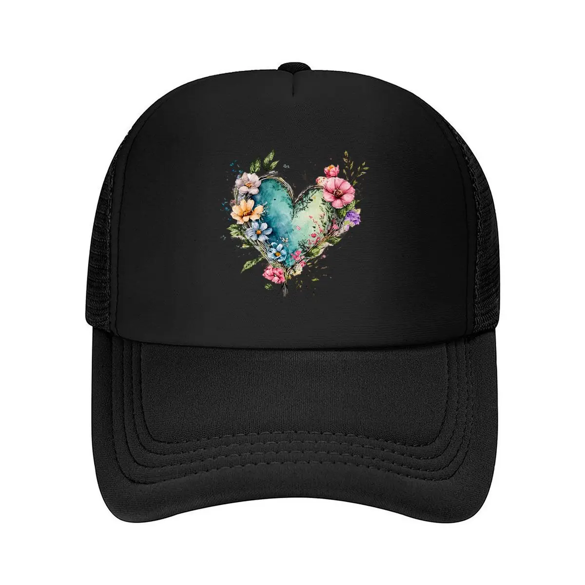 Watercolor Floral Heart Wildflower Botanical Illustration Mesh Baseball Cap Hip Hop