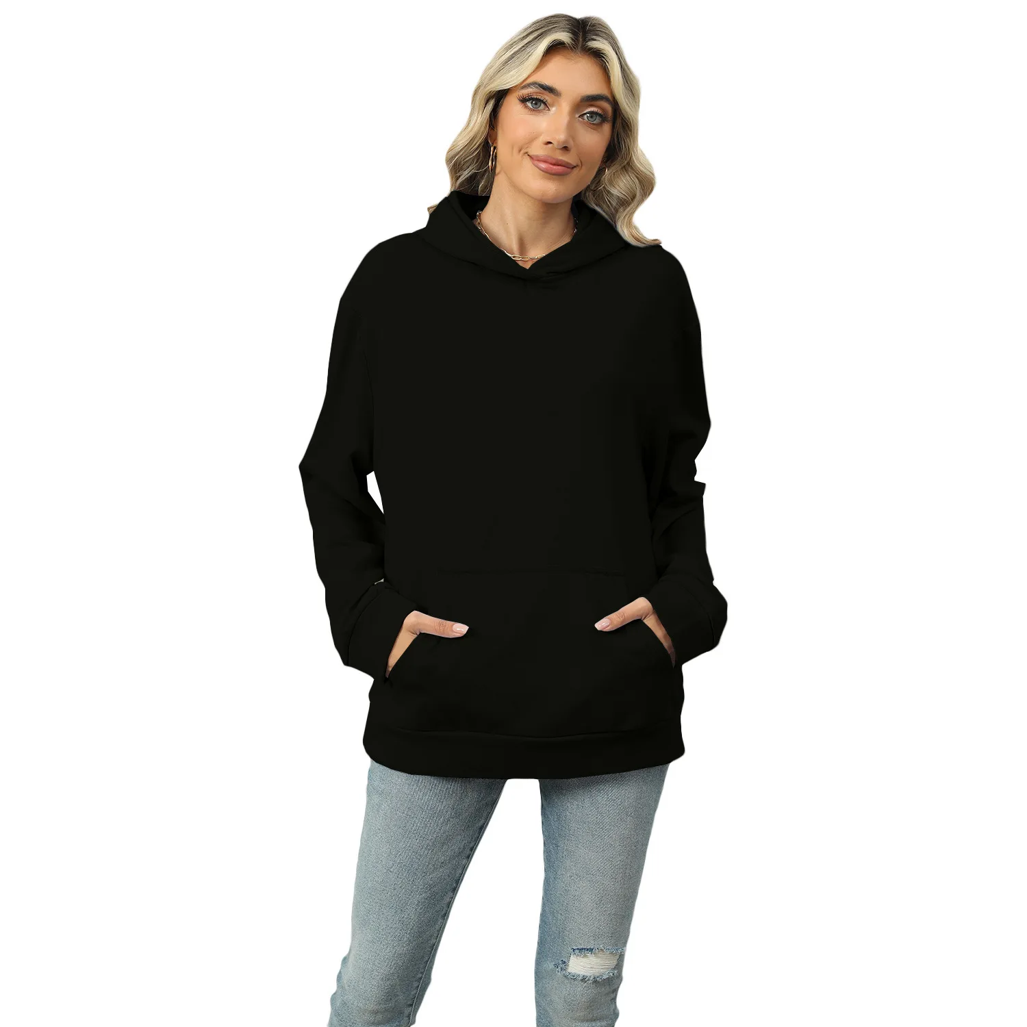 Dames nieuwe casual sweatshirt met capuchon en effen kleur top voor dames