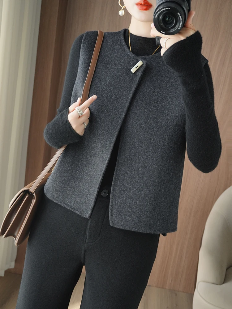 

Double-Sided Woolen Vest Women's round Ne Svel Loose Slimming 00% Pure Woolen Coat Top Thiened Long Sve