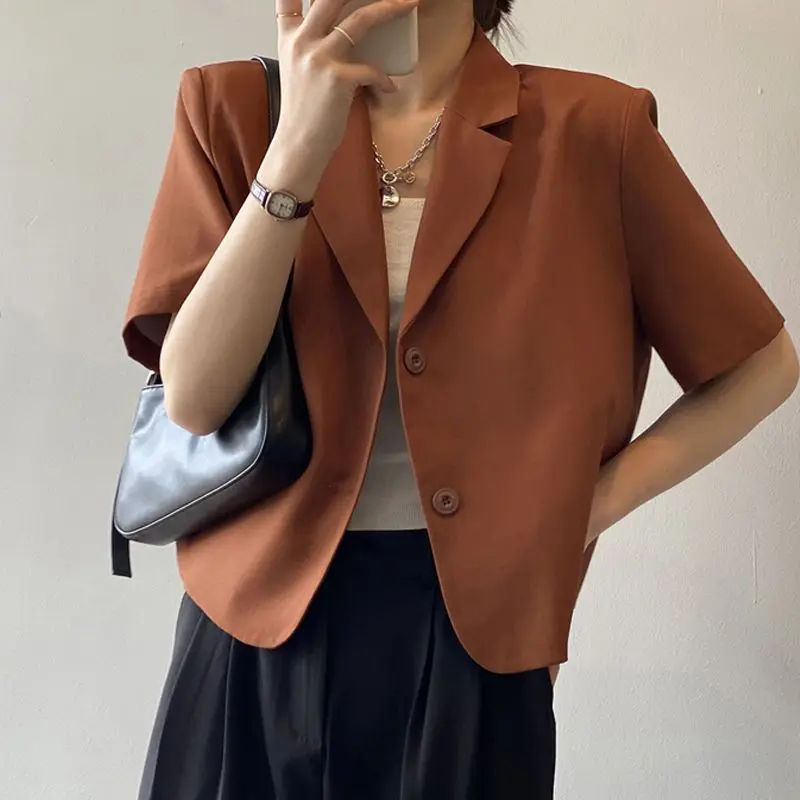 2023 Women's Clothing Solid Color Notched Temperament Button Short Sleeve Premium Loose Casual Summer Thin Office Lady Blazers