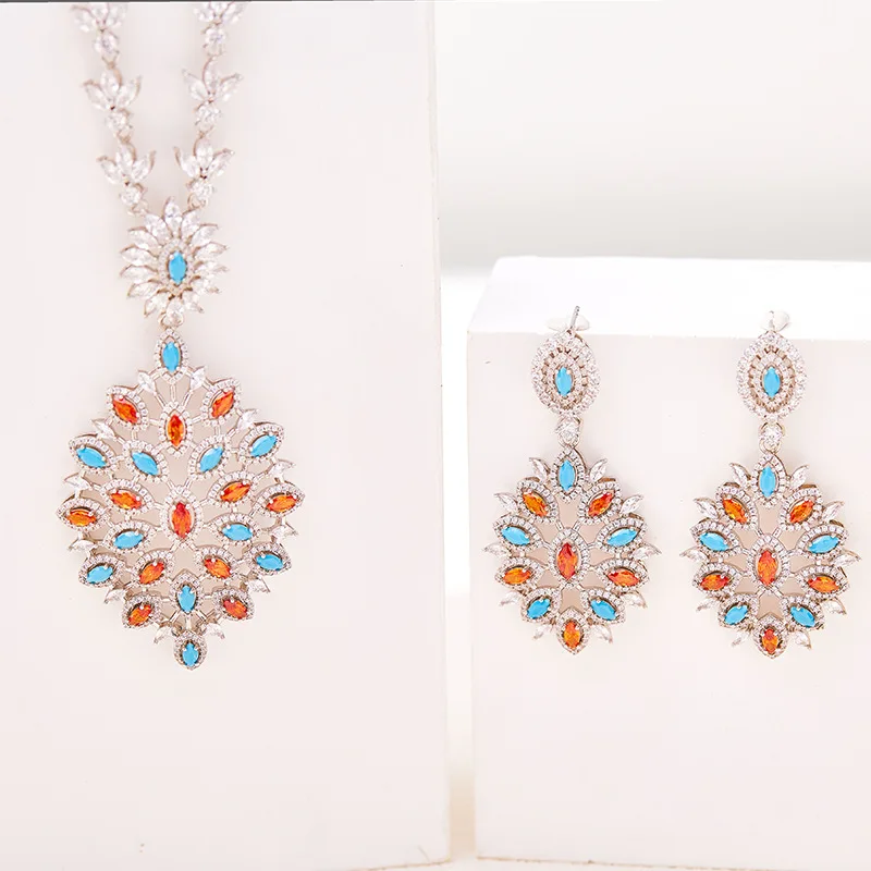 Designer Fashion Style Necklace Earrings Women Lady Inlay Cubic Zircon Blue Turquoise Pendant Plated Gold Color