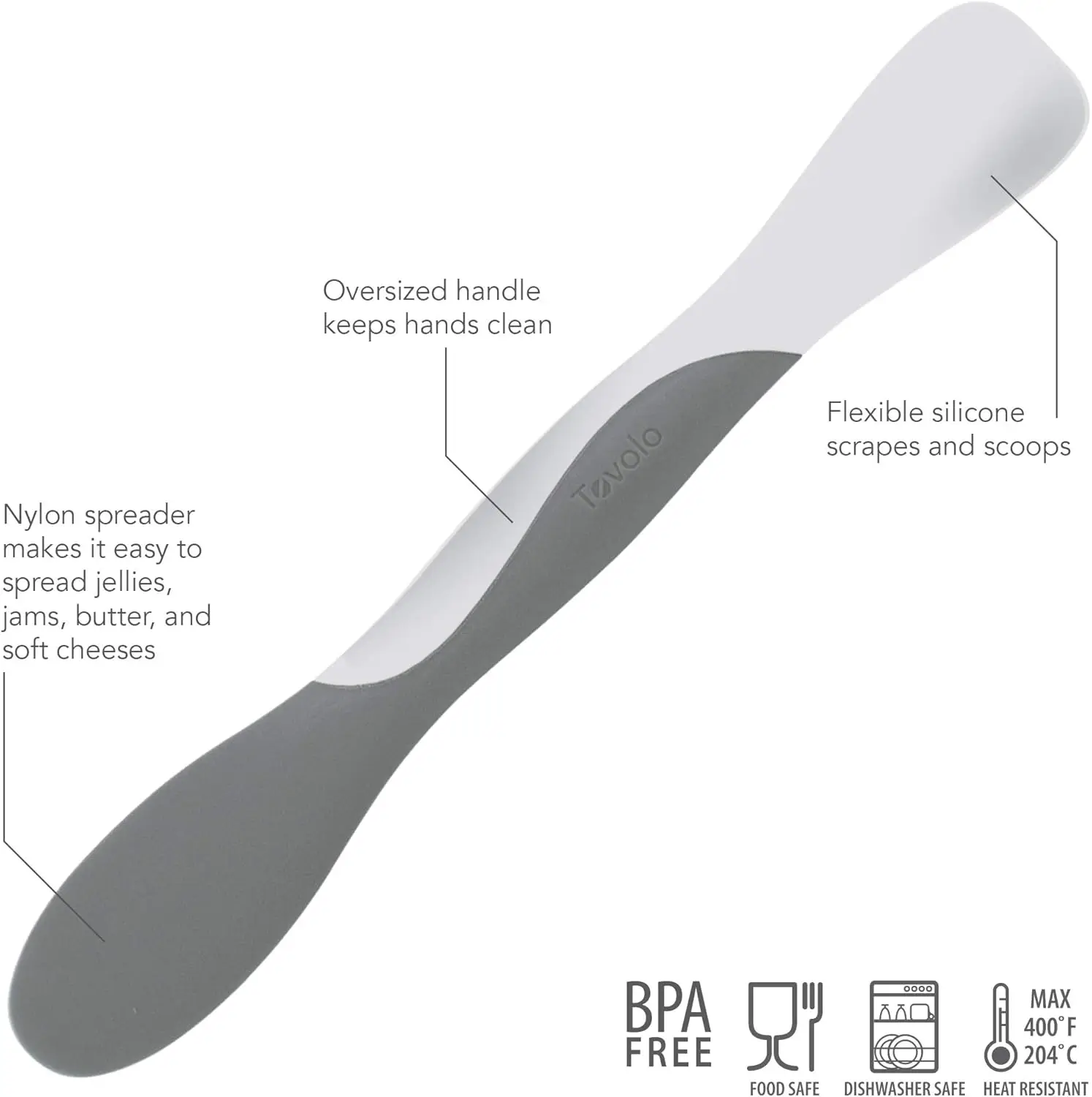 Elements Scoop and Spread Large Dual End Silicone Sandwich Spreader Tool with Nylon Handle, BPA Free Dishwasher Safe Silicone and Nylon Tool for Spreading and Scooping, White and Charcoal Gray