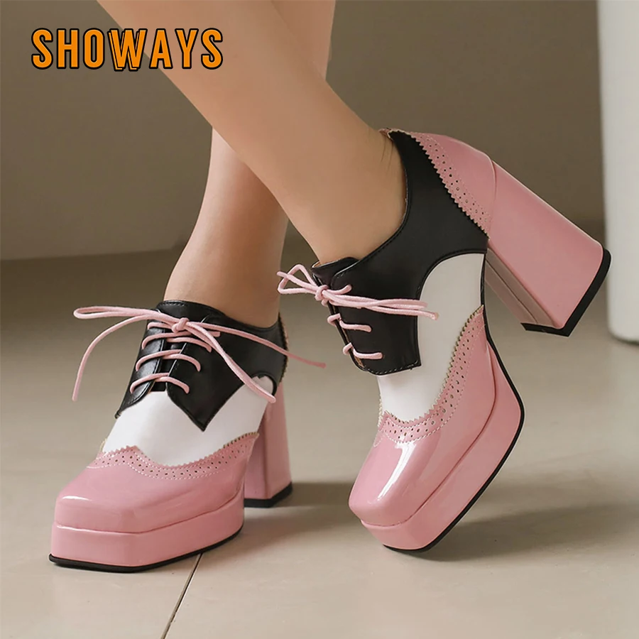 

Pink British Women Square Toe Derbies High Chunky Heels Sweet Red Preppy Party Dress Oxfords Patchwork Lace-up Platform Brogues