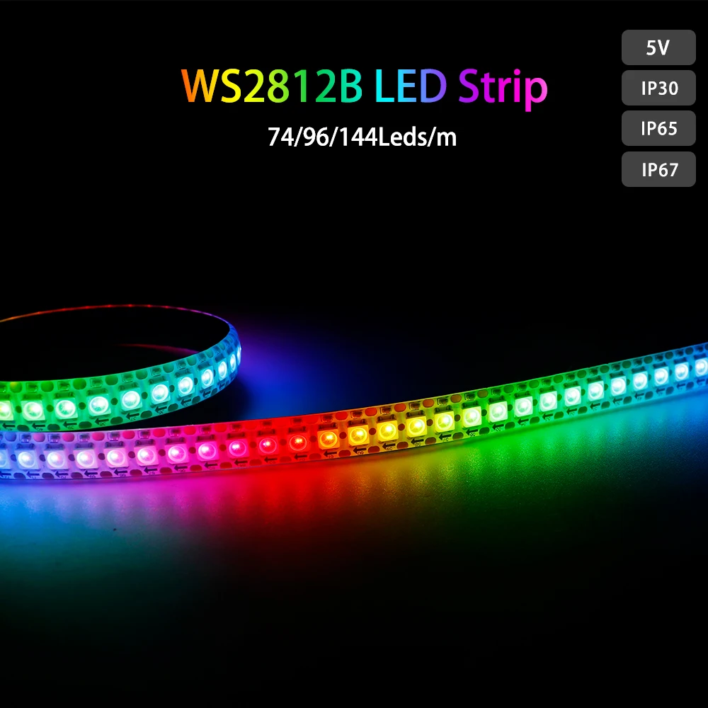 DC5V WS2812B Smart 5050 RGB LED StripWS2812  Individuaily Addressable Light Tape 74/96/144leds/m Black/White PCB IP30/65/67