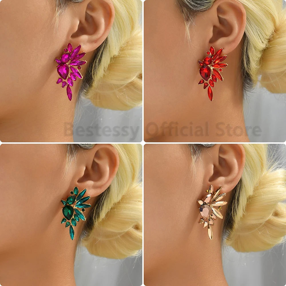 Colorful Shiny Rhinestone Glass Wings Shape Earrings For Women Luxury Elegant Alloy Jewelry Party Geometric Piercing Ear Studs