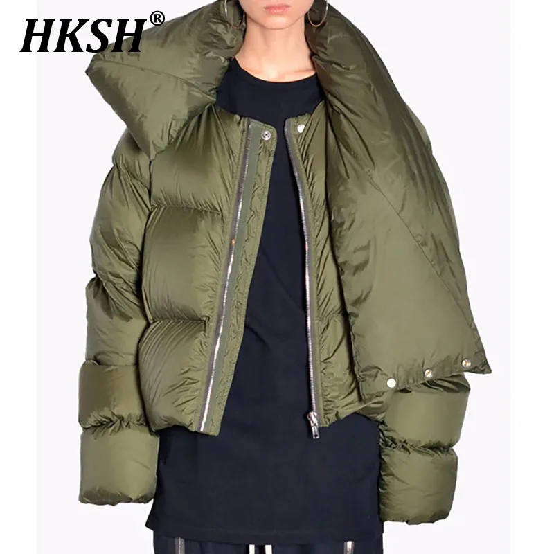 HKSH Autumn Winter New Women Tide Cotton Padded Jacket Scarf Collar Thick Long Sleeve Zipper Waded Bread Chic Trendy Coat H2840