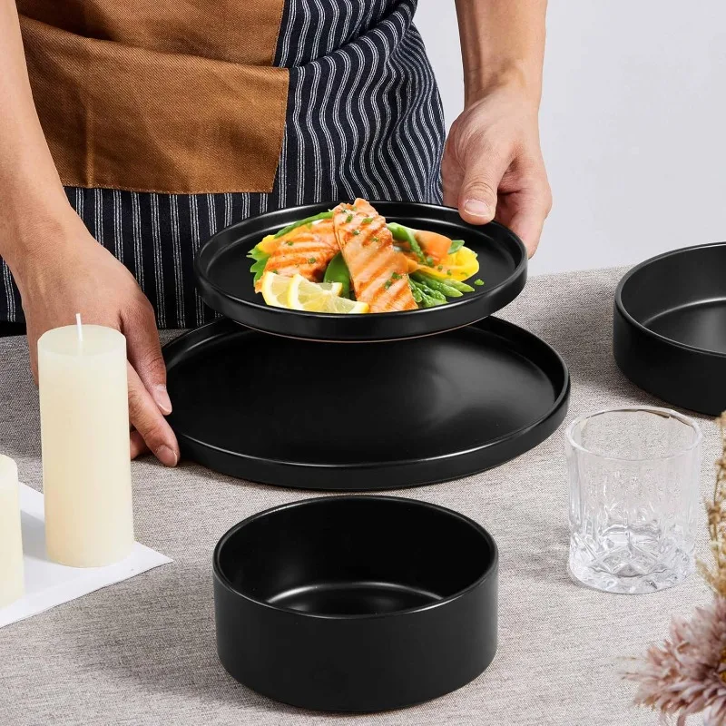 Set di stoviglie con ciotole per pasta per 4, 16 pezzi, piatti per insalata e ciotole per cereali, piatti in gres, cena Wa