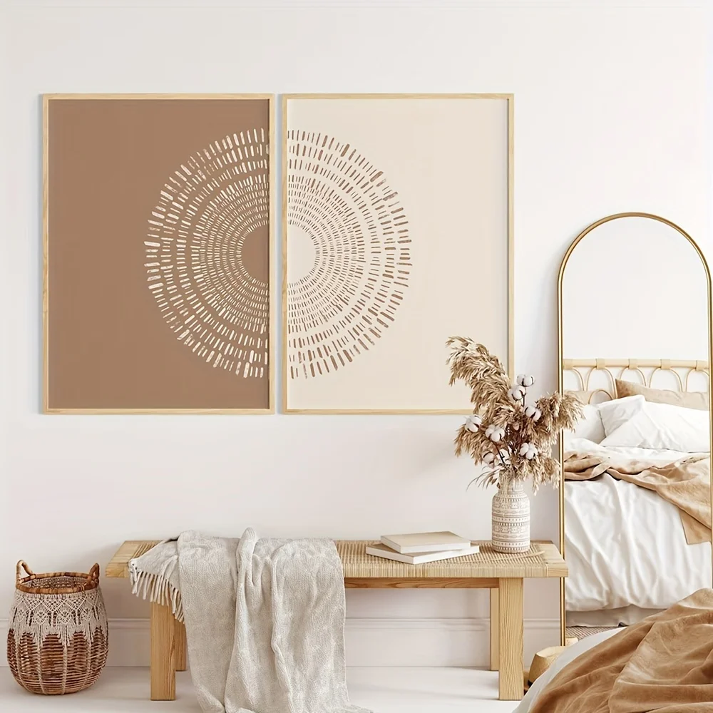 2pcs/set Bohemian Abstract Geometric Canvas Painting Mid-century Sun Moon Beige Earth Tone Wall Art Poster for Modern Home Decor