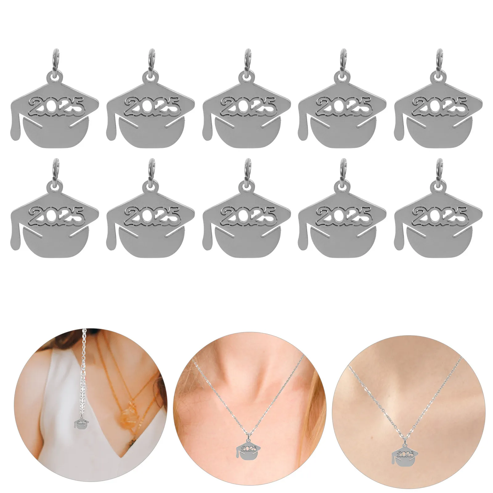 10Pcs 2025 Graduation Cap Pendants Stainless Steel DIY Jewelry Charms for Necklaces Bracelets Keychains Graduation Jewelry