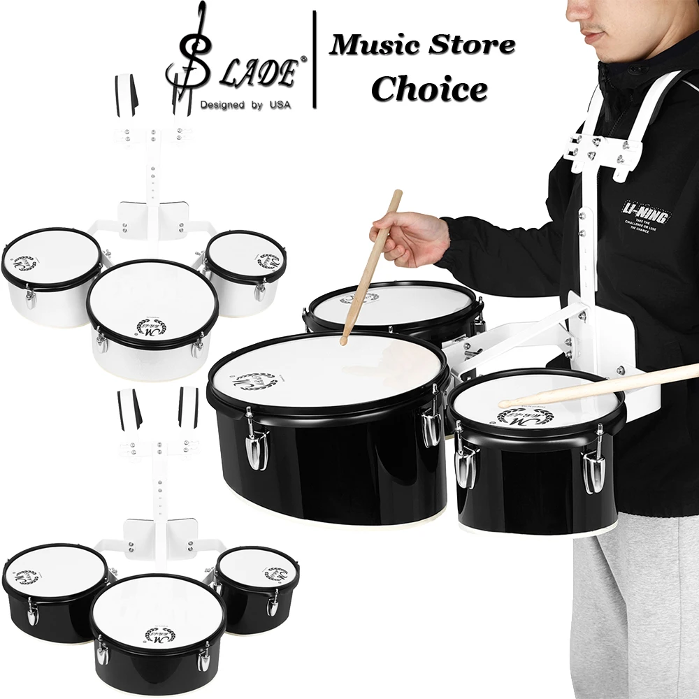 3-Piece Marching Drum Set with Carrier Multi-Drum Trio Toms Marching Drum with Sticks Keys & Wrenches for Marching Band Practice
