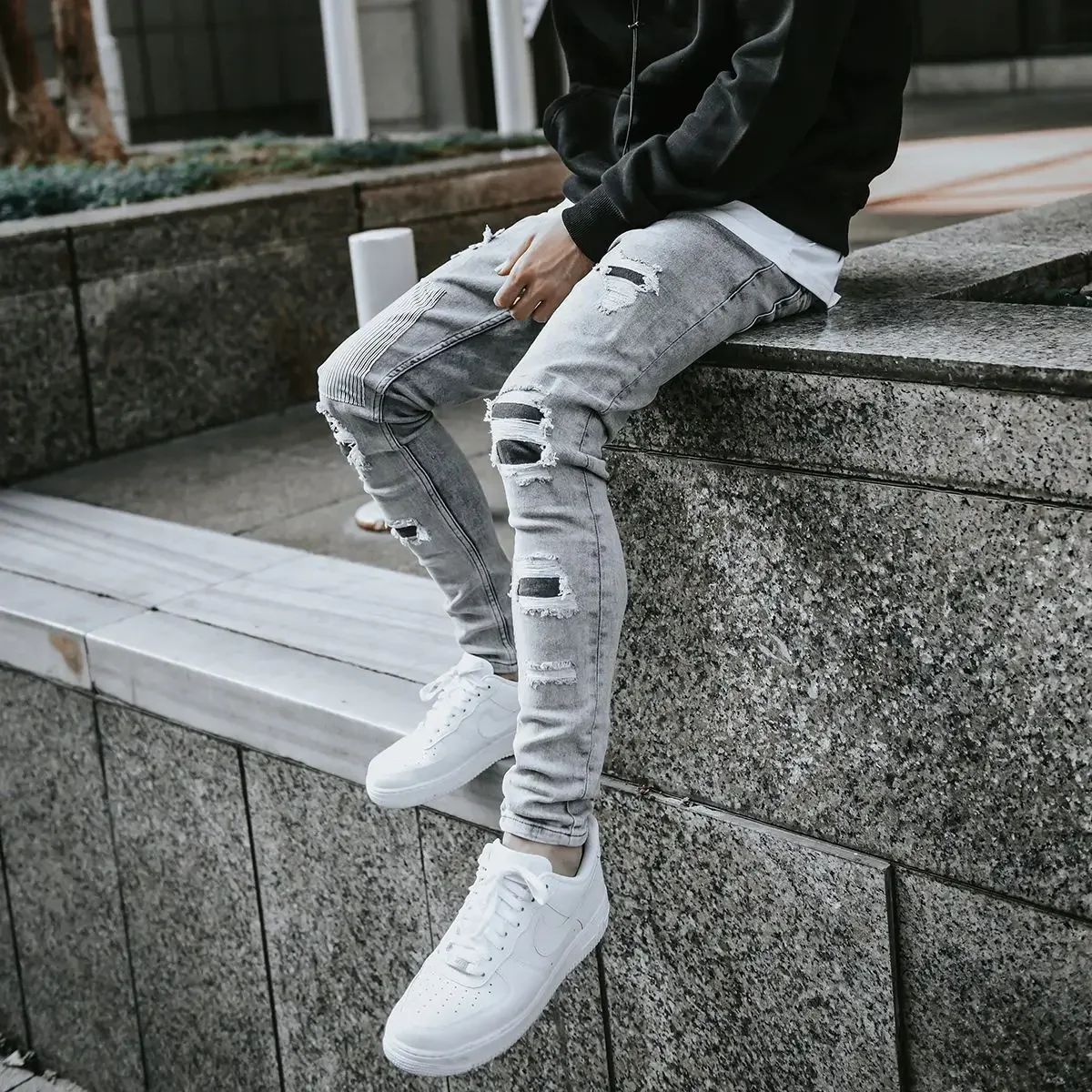 Autumn and Winter Mens Distressed Slimming Tight Jeans Patch Leggings