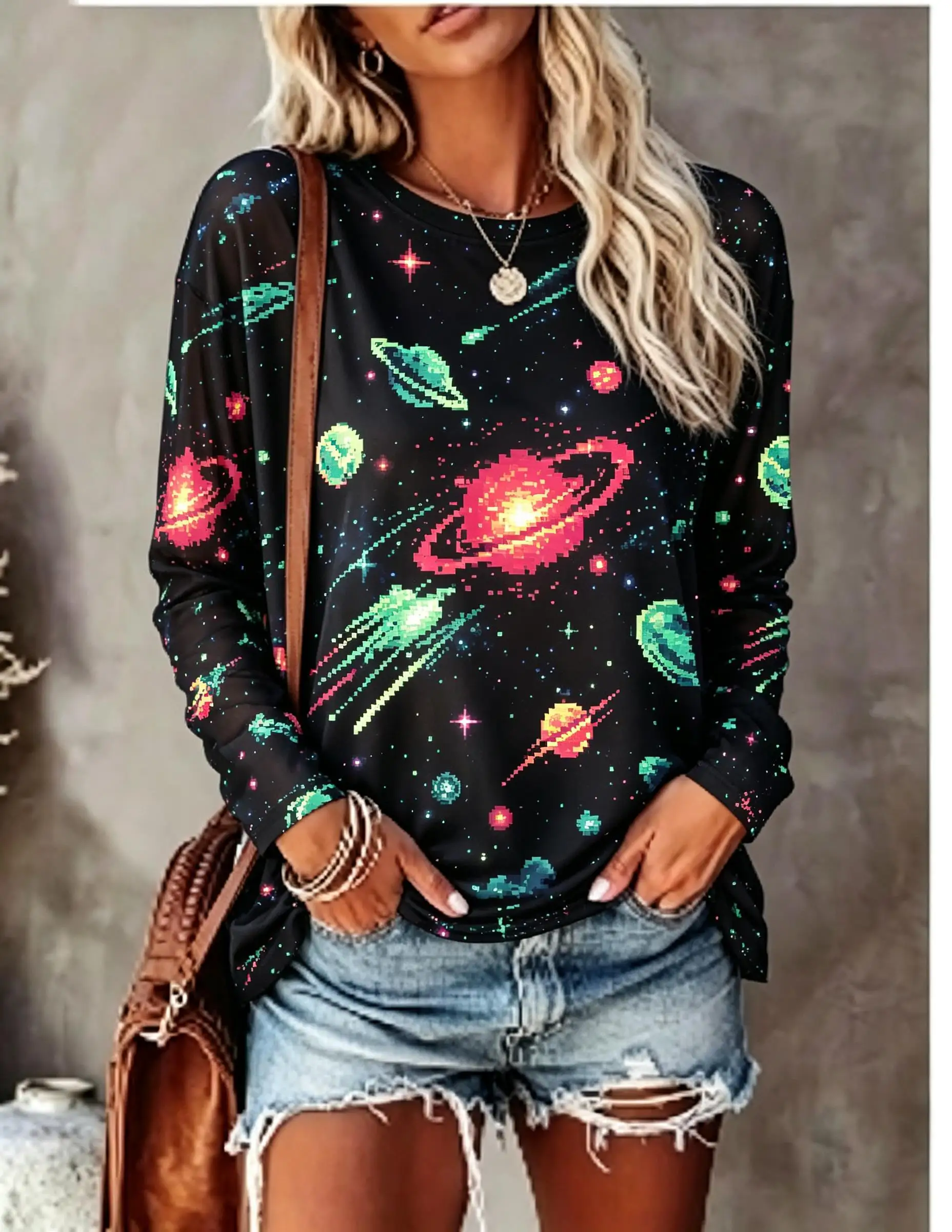 Women Long Sleeve T Shirt Space Galaxy UFO Planet Star Print Crew Neck Casual Fall Tops