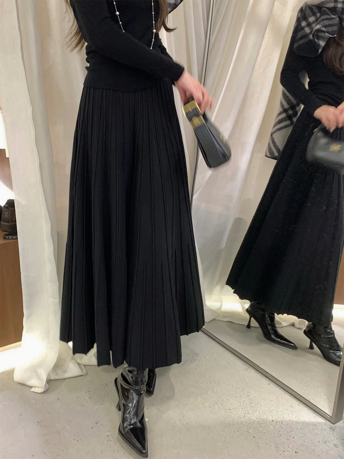 

Florr Playa Knitted High Waist Skirt Women's Spring Autumn Black Slimming Long Skirt Korean Style Citywalk A-Line Skirt