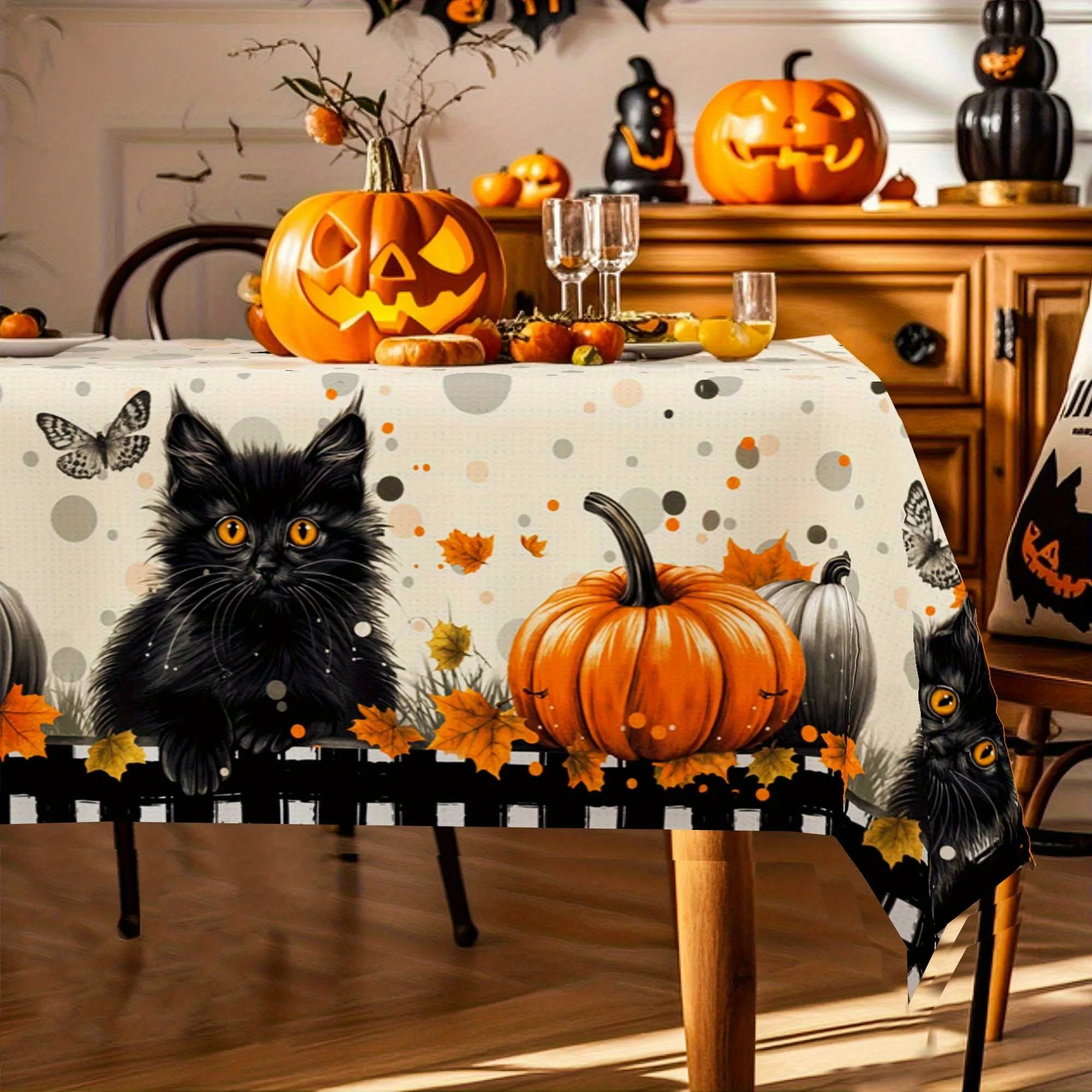 One vintage Halloween tablecloth with designs of black cats, pumpkins, butterflies and bats - suitable for indoor use.PMJ