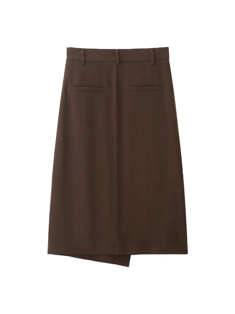 Women's Solid Color Front-Button Asymmetric Skirt with High Waist and Side Zipper for Office Wear