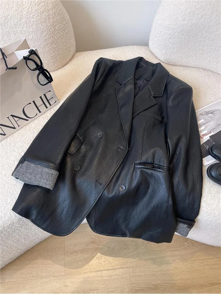 Black Leather Jacket For Women 2026 Autumn New Casual Double Breasted Suit Jacket Solid Color Loose Commuter Windproof Coat