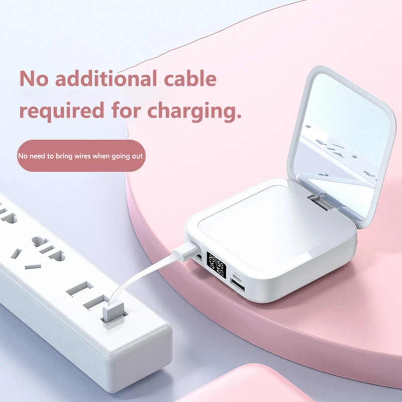 20000mAh Power Bank with Makeup Mirror Detachable Digital Display External Battery Built in Cable for iPhone Samsung