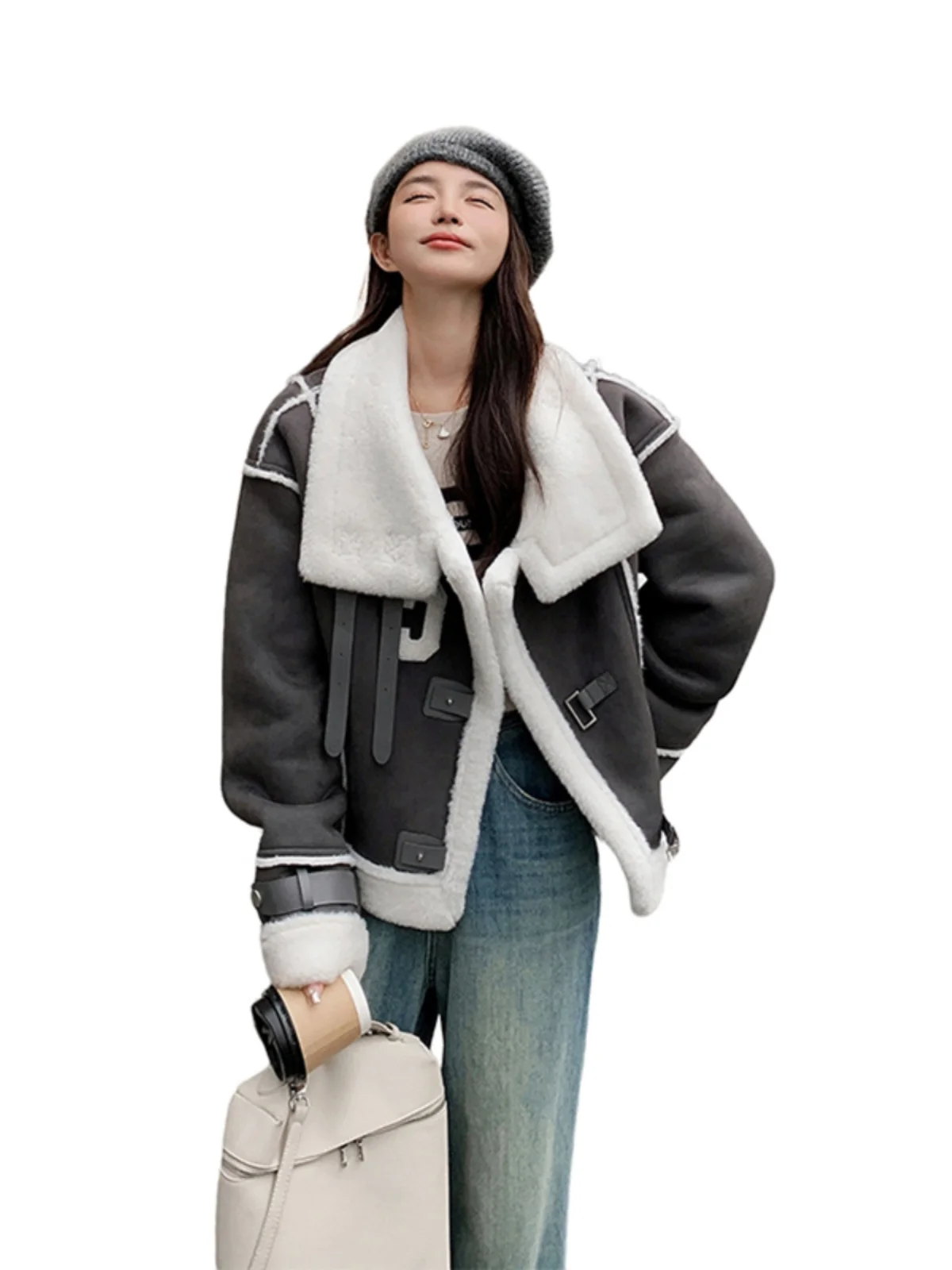 ay Suede Lamb Fur Jaet Women's ort Thiened Autumn Winter Design Unique Motorcycle Sle Commute Sle Long Sve