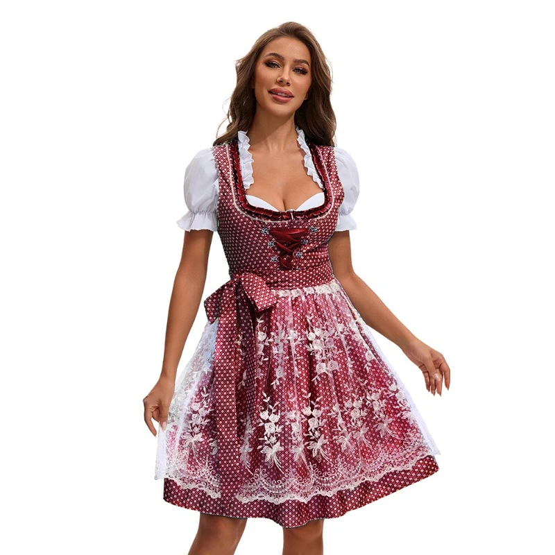 Abito da donna multicolore dell'Oktoberfest di Monaco 2025, gonna da birra tradizionale bavarese con stampa etnica con top e grembiule, costume da cameriera