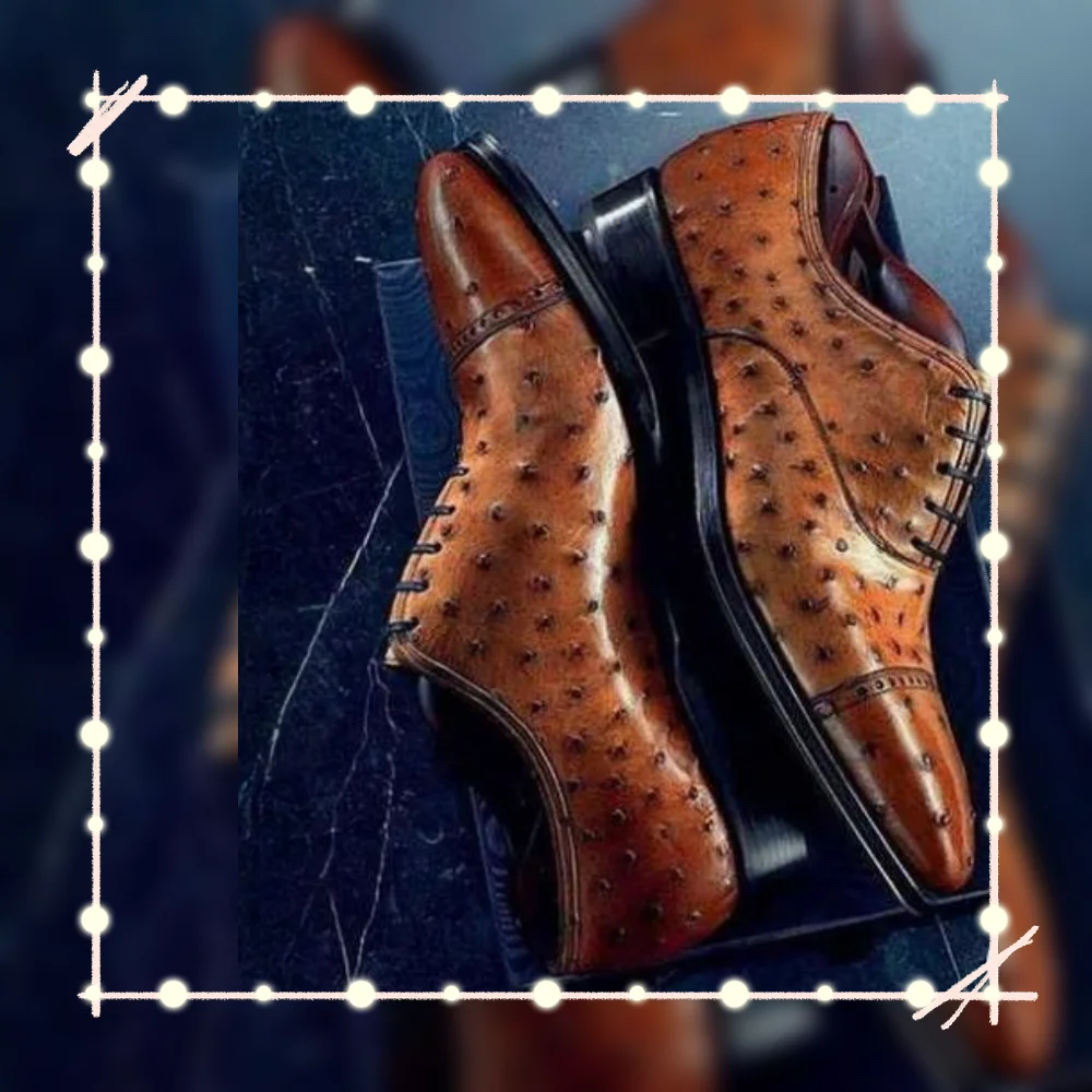 

Brown Ostrich-skin Leather Men Shoes Lace up Men's Dress Shoes Gentlemen Slip on Party Shoes Big Size 47 Sprig Autumn