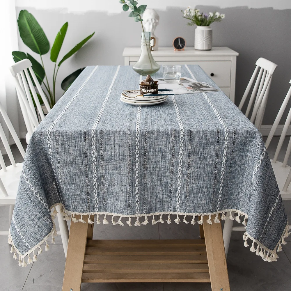 

Cotton Linen Tablecloth With Tassels Waterproof Oilproof Tea Striped Table Cloth Thick Rectangular Wedding Dining Table Cover