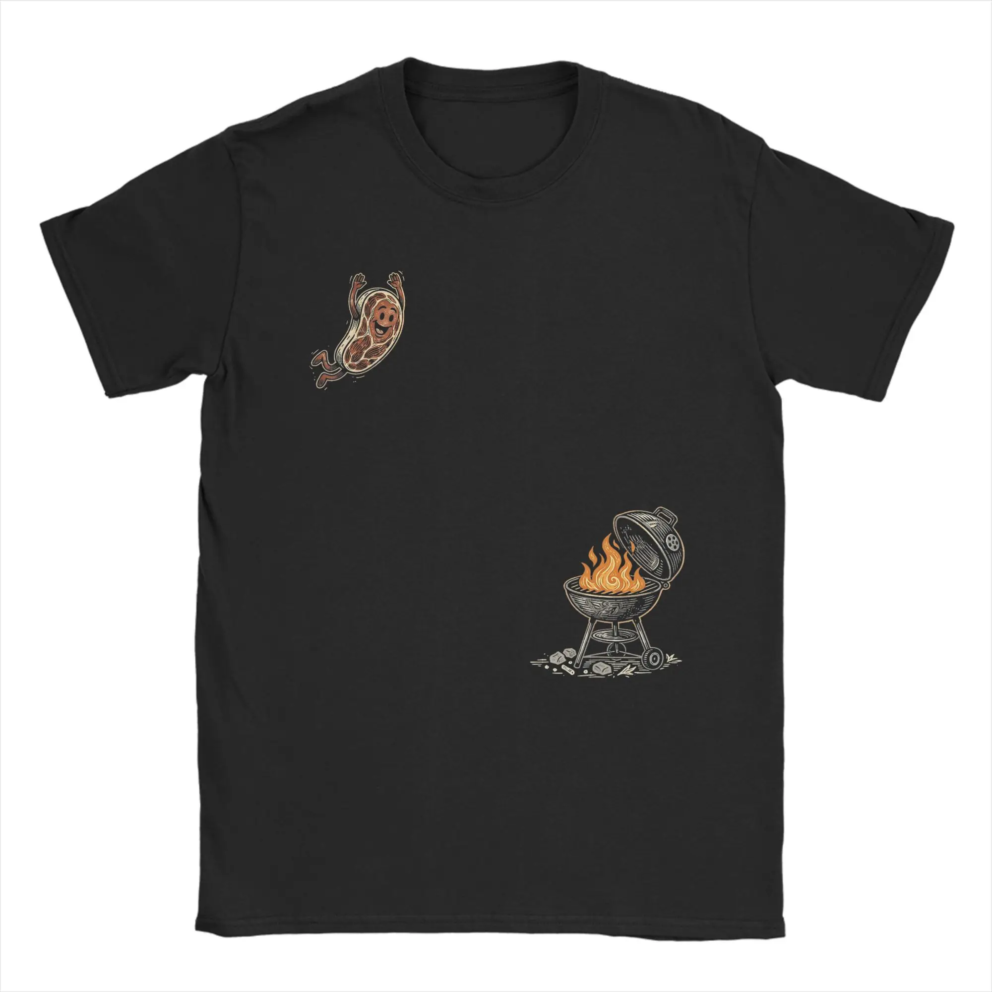 BBQ Steak Meme Cute Meat Jumping Into Grill Men's T Shirt  Vintage Tee Shirt Short Sleeve Crewneck T-Shirts 100% Cotton Clothes