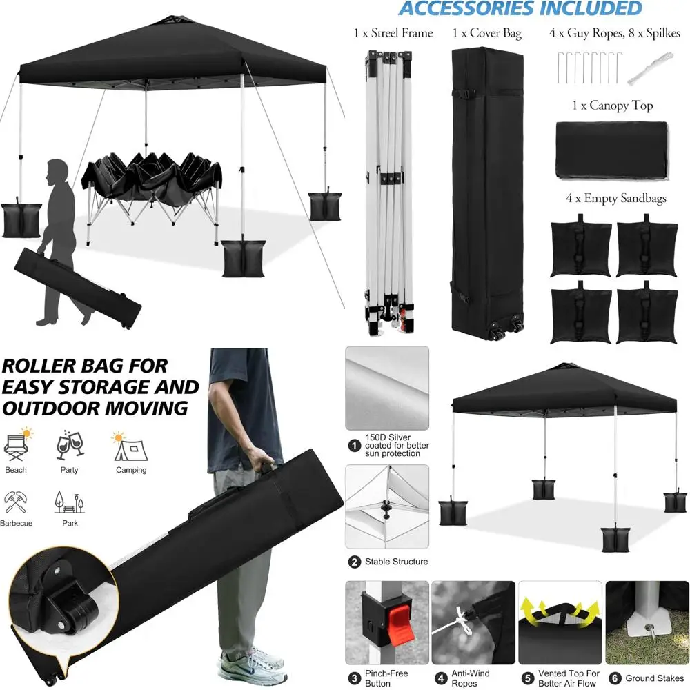 

Instant Pop Up Canopy Tent, 10x10 Feet, Easy One-Button Setup, Adjustable Height, Portable Shelter with 4 Weight Bags, Outdoor E