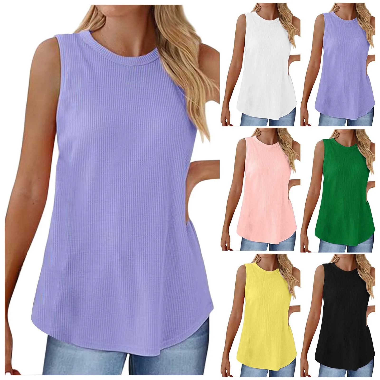 Crewneck Soft Knit Tank Top Women Loose Fit d Hem Cotton Beach Tops Trendy Casual Graphic Pullover