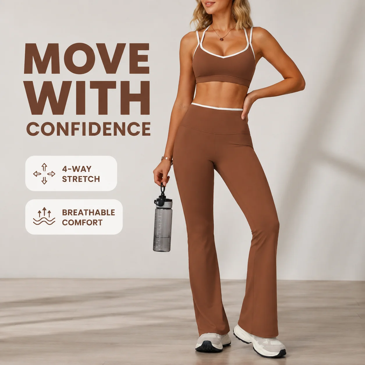 Women's Contrast Trim Sport Set: Cross Back Crop Top and Flare Leg Pants, Workout 2-Piece Gym Yoga Suit