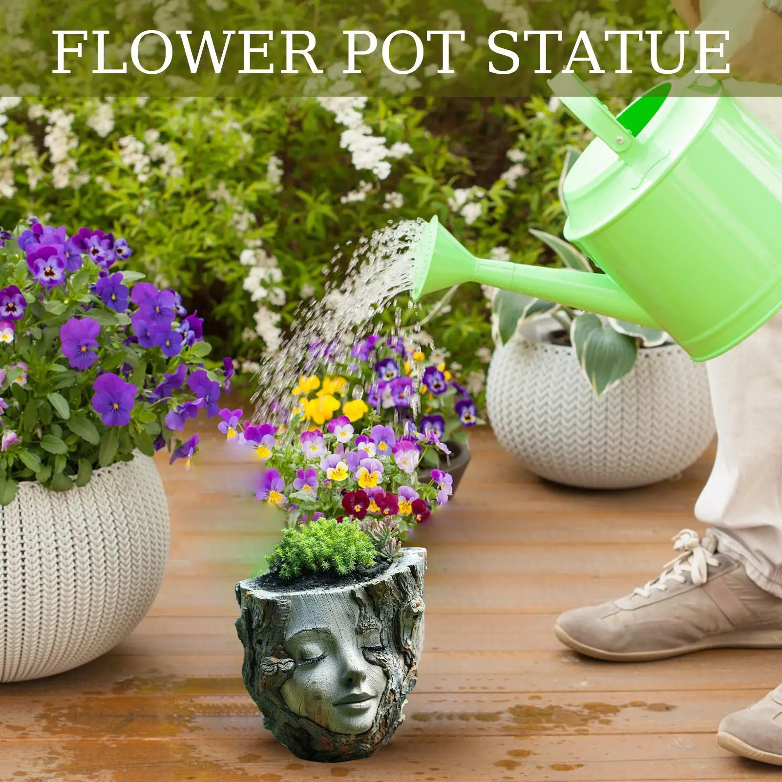 Creative Funny Girl Face Flowerpot Handmade Waterproof Tree Stump Girl Pot Resin Crafts Garden Statues Yard Flowerpot Decor