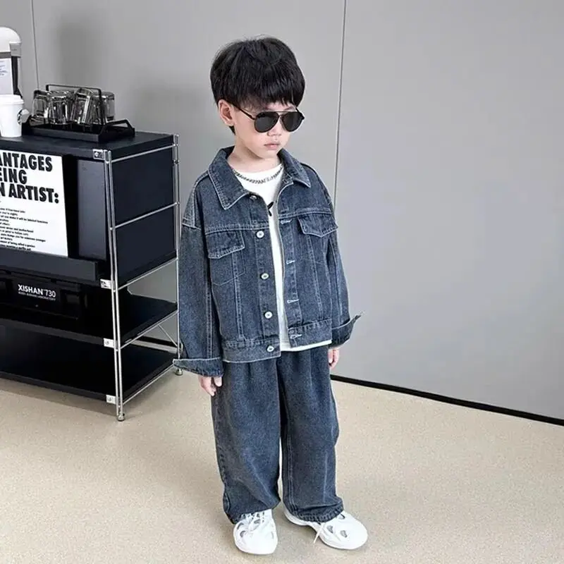 

Boy Denim Set Autumn New Style Children's Handsome Fashion Jacket Wide Leg Pants Two Piece Set 90-140cm