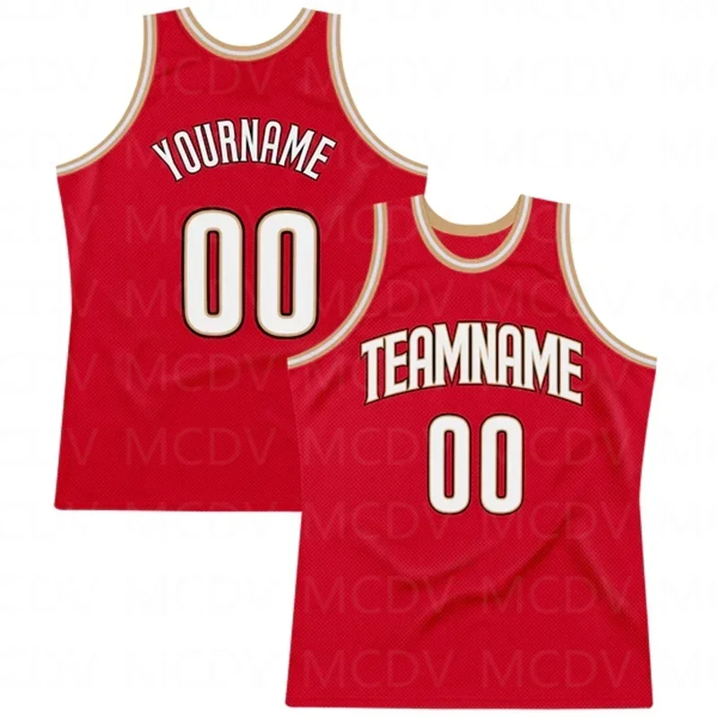 Custom Red White-Gold Authentic Throwback Basketball Jersey 3D Print Team Name Number Vest Game Practice Clothes Adult/Youth