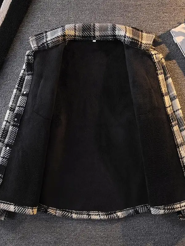 Men's Winter Fleece Lined Woolen Plaid Shirt Jacket Long Sleeve Warmth Outerwear Fashionable Brand Youth  Loose Fit Autumn...