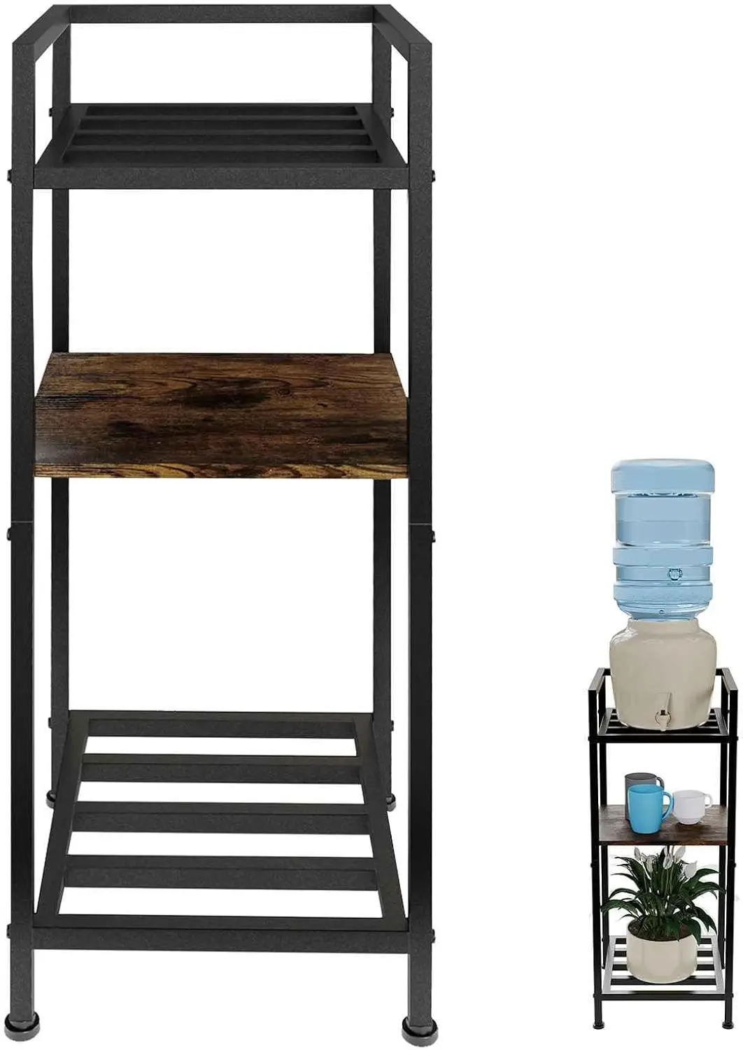 

Трехуровневая металлическая подставка для диспенсера воды с деревянными элементами для 5-галлонных бутылей, подходит для бутылок и растений, напольный органайзер 32 дюйма