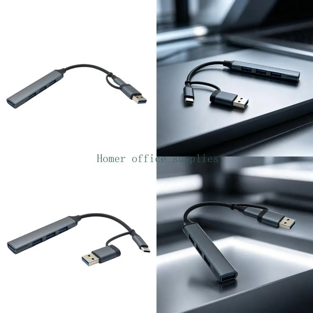 K43B Double Plugs USB Hubs with 4 USB-A Port, Builts-In USB C and USB-A Host Leads, 1 USB3.0 Plus 3 USB2.0 Port, Slim Gray Hubs