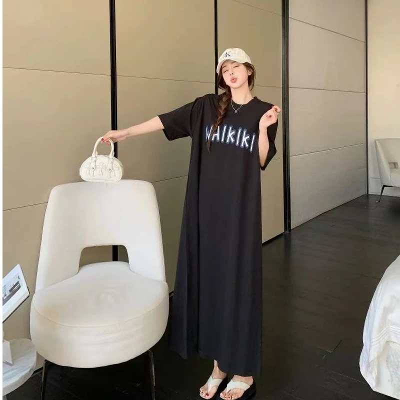 T-shirt ample mi-long ort-sav Dr coréen Sle h-ape Polyester vêtements d'extérieur d'été décontracté Faion jupe divisée