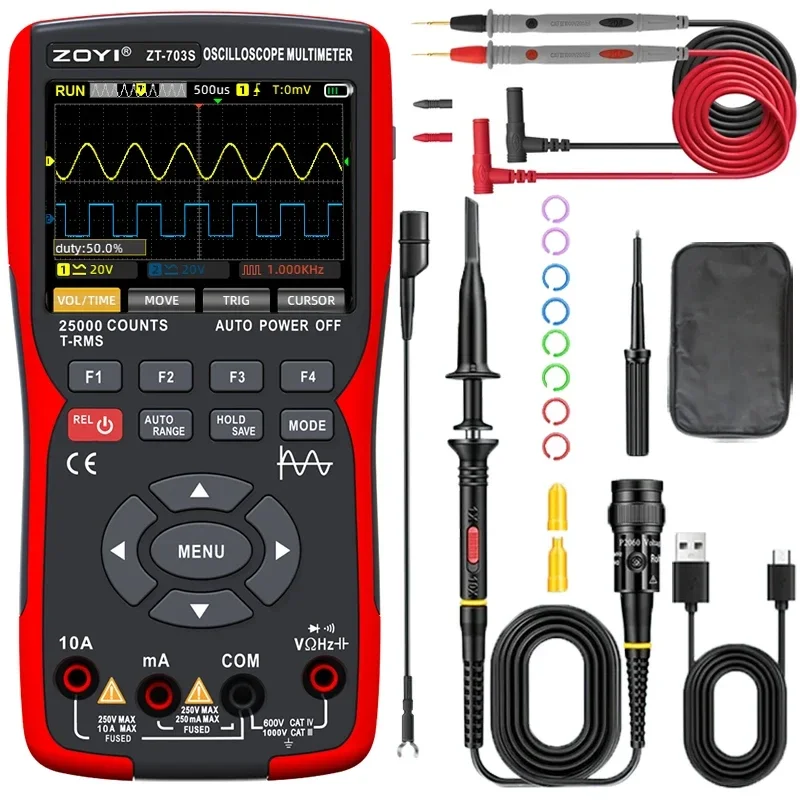 ZT-703S 3-in-1 Oscilloscope Multimeter with 3.5 Inch IPS Display,25000 Counts, Dual Channel 50MHZ Bandwidth,280MSa/s High