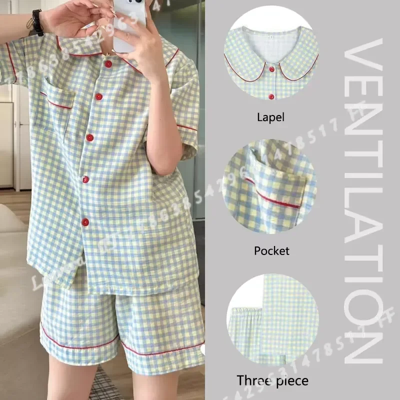 Women 3 Piece Pajama Set Short Sleeve Plaid Cardigan Lounge Wear Simple Christmas Sleepwear Winter Home Clothes for Girls