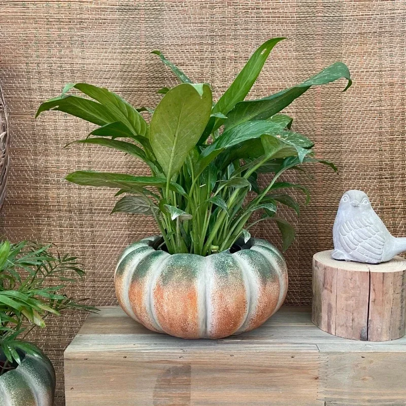 Handmade Ceramic Cement Flower Pot  Natural Pumpkin-Shape Planter  Potted Plant Container Outdoor Desktop Succulent Pot
