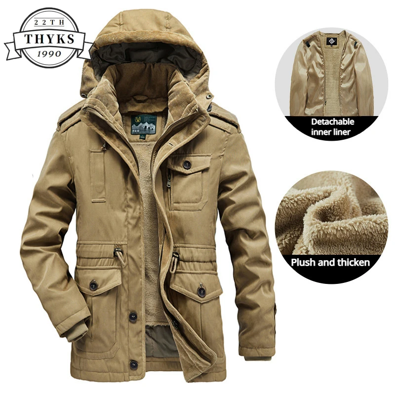 Mens Winter Hooded Outdoor Jacket Thicken Warm Waterproof Windbreaker Detachable Plush Inner Liner Outwear Casual Overcoat Parka