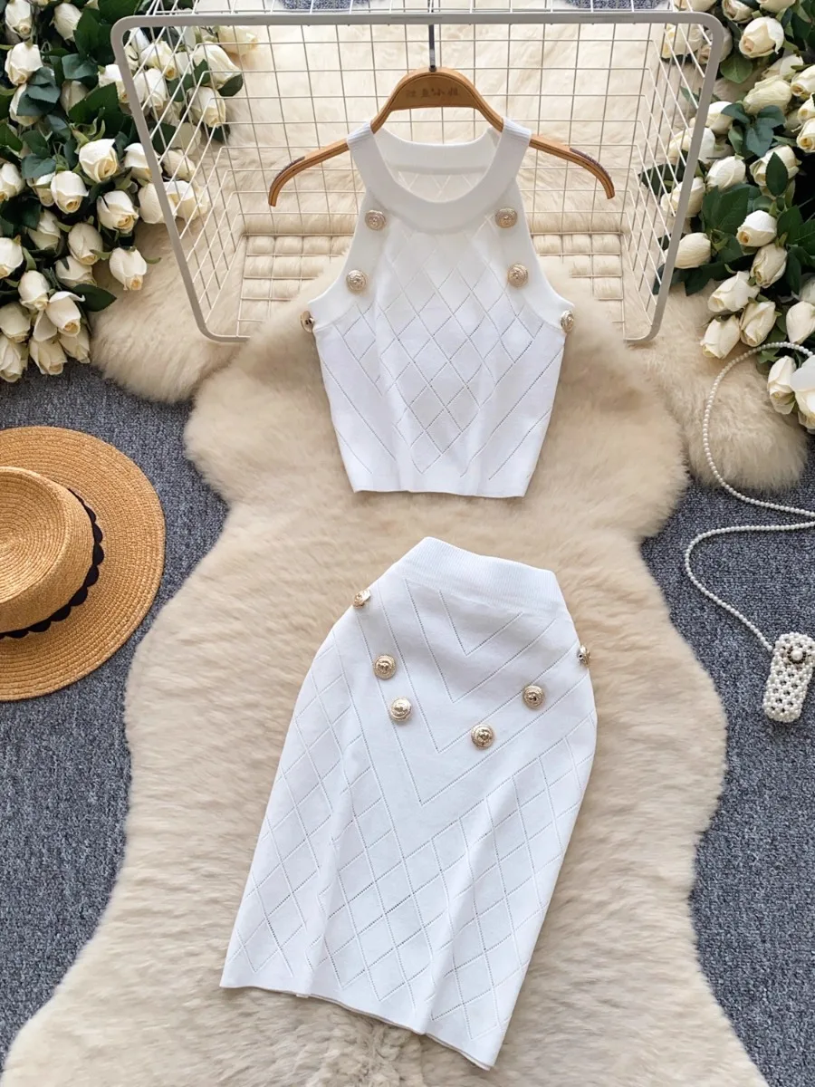 

Foamlina Trendy Metal Buckle Halter Top + High Waist Skinny Skirt High Quality Celebrity Fashion Sleeveless Knit 2 Piece Set