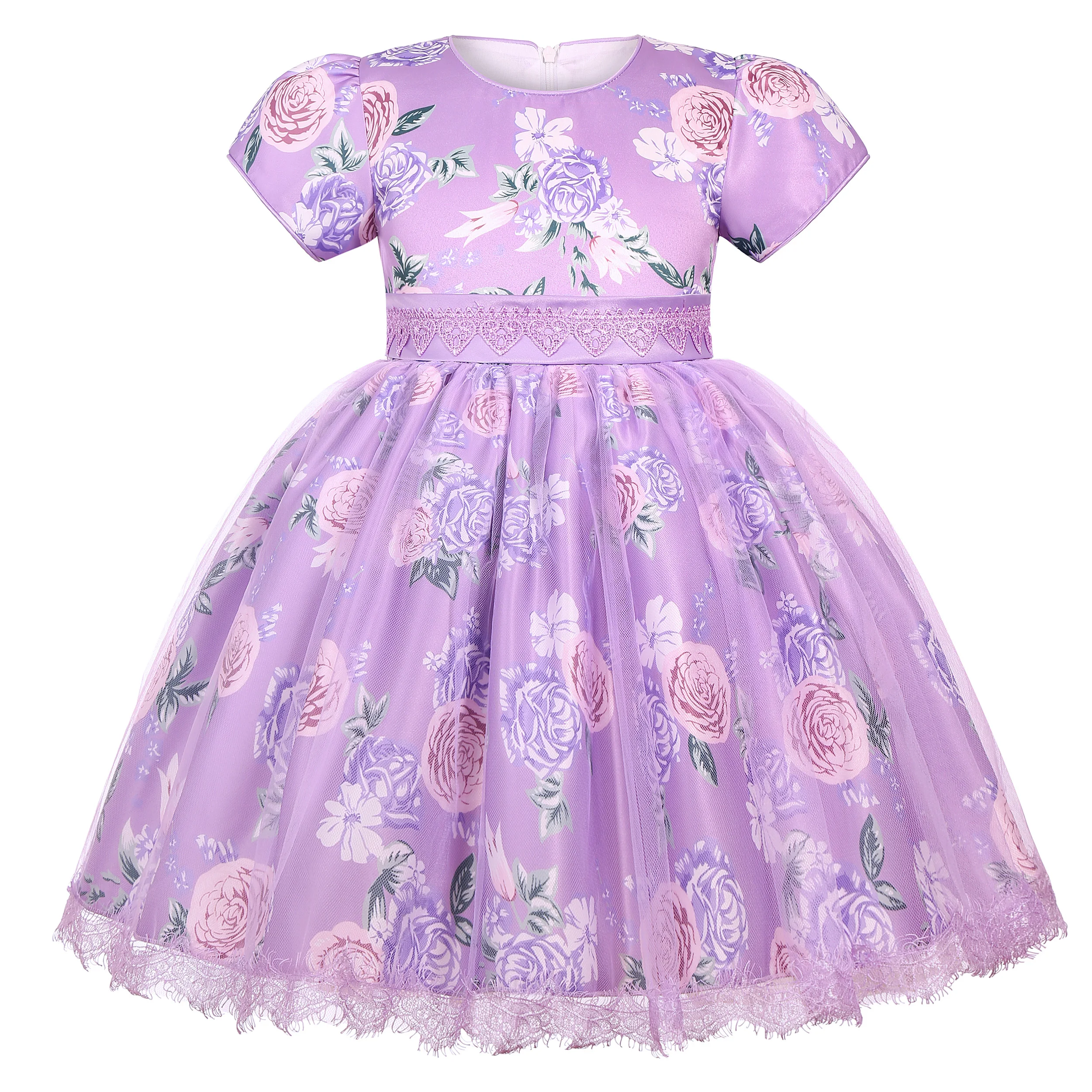 Blumenmädchenkleid – Mädchenkleid mit Spitze und Netzeinsatz für Hochzeiten – Blumenmädchenkleid mit kurzen Ärmeln und Puffärmeln im Prinzessinnenstil