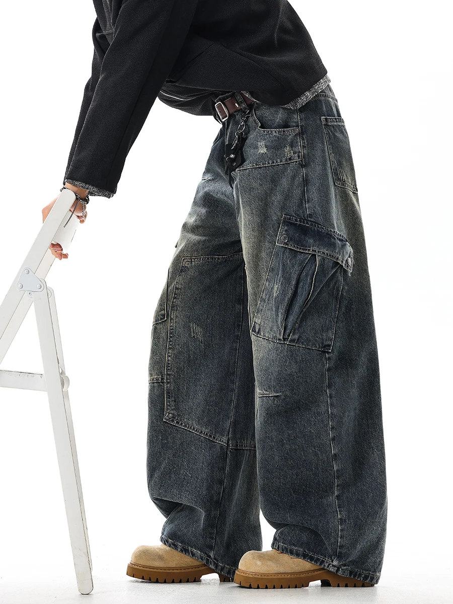 

Мужские повседневные брюки в стиле хип-хоп: широкие джинсы-кюлоты с эффектом деconstruction, в американском уличном стиле, трендовые, больших размеров