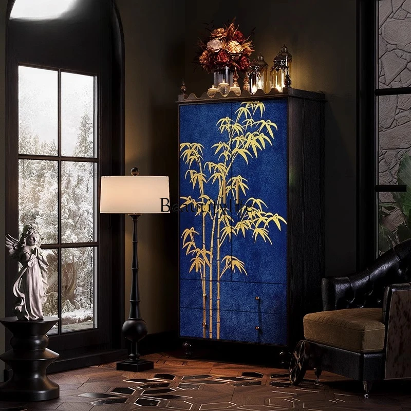 Chinese style golden bamboo solid wood wardrobe storage drawer type bedroom bedside cabinet French retro dresser