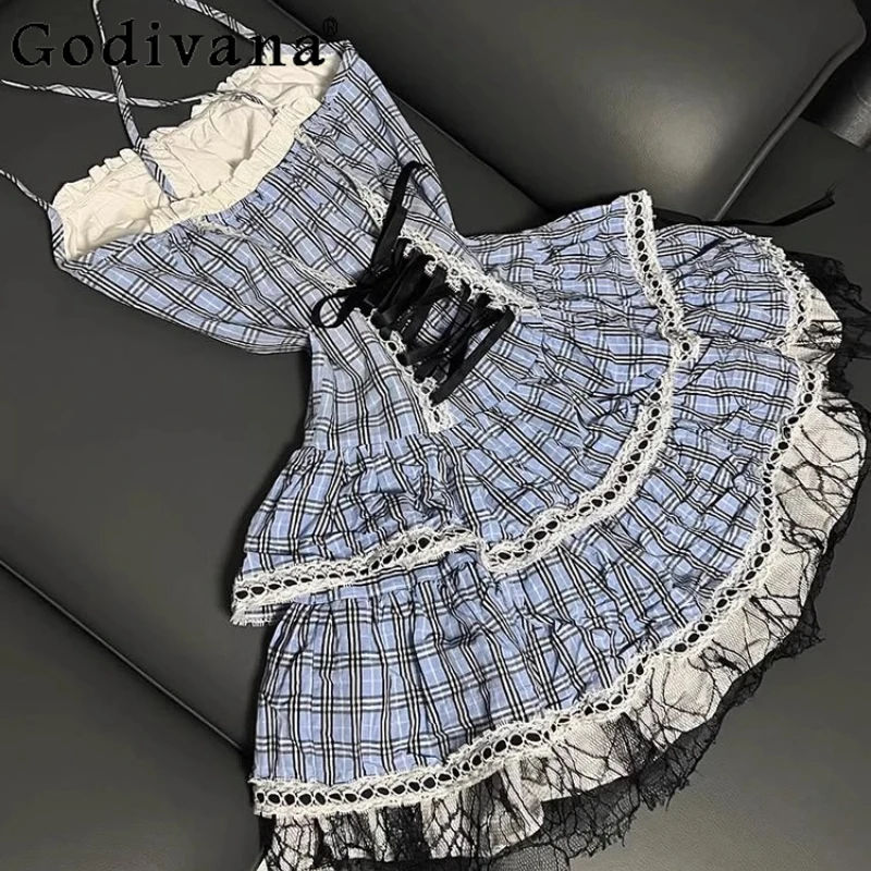 美しい女の子向け和風ドレス、オリジナルレトロ、ユニークなウエストシェイプドレス、女性用スイートブループレイドストラップ、素晴らしいドレス